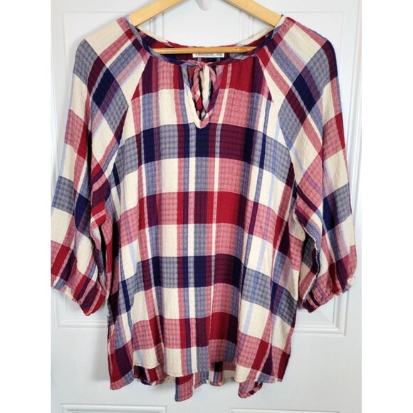 89th and Madison Plaid Tie-Neck Top Size M Patriotic - Picture 1 of 5